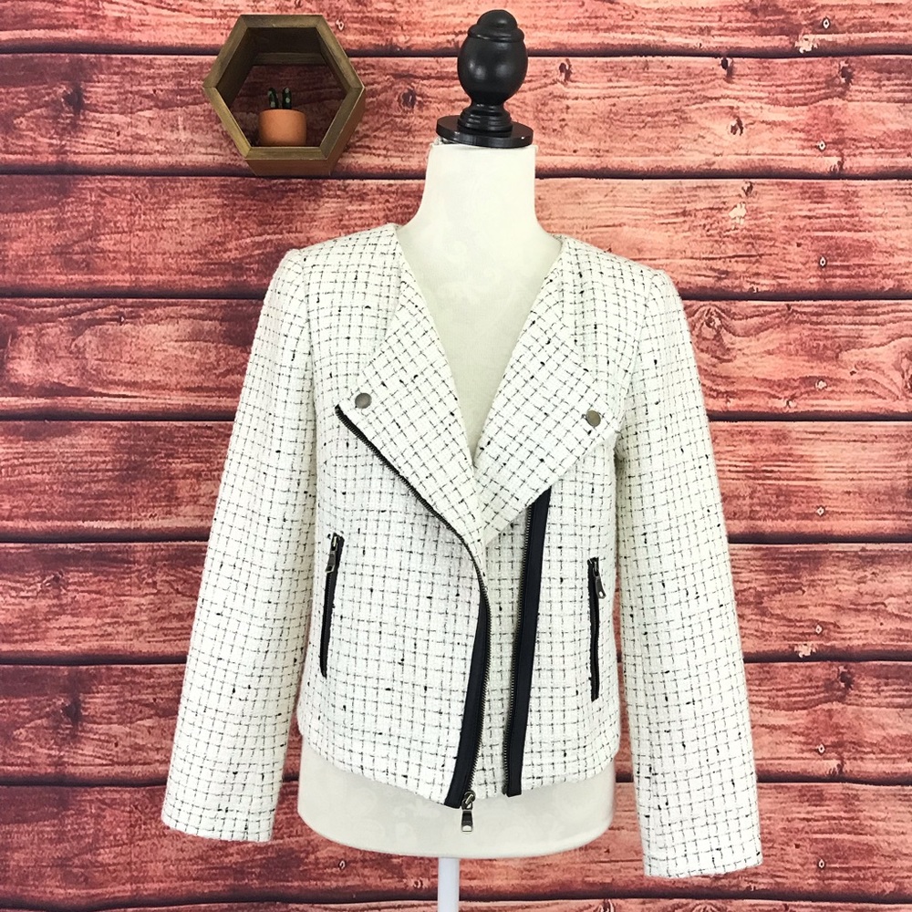 Banana Republic Boucle Tweed Moto Jacket 8P Ivory - Picture 3 of 8